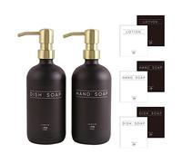 Janxin Dispenser di sapone in vetro, 2 pezzi, dispenser di sapone per lavello della cucina con pompa, sapone per piatti, lozione (bottiglie nere+pompe dorate)