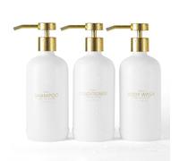 Janxin Dispenser di shampoo e balsamo, bottiglie ricaricabili da 600 ml, dispenser doccia con etichette impermeabili per il bagno (bottiglie bianche + pompe dorate)