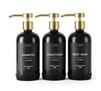 Janxin Dispenser di shampoo e balsamo, ricaricabili da 600 ml, dispenser doccia con etichette impermeabili per il bagno (bottiglie nere + pompe dorate)