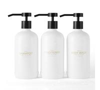 Janxin Dispenser di shampoo e balsamo, ricaricabili da 600 ml, dispenser doccia con etichette impermeabili per il bagno (bottiglie bianche + pompe nere)