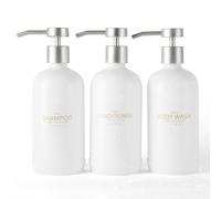 Janxin Dispenser di shampoo e balsamo, ricaricabili da 600 ml, dispenser doccia con etichette impermeabili per il bagno (bottiglie bianche + pompe argente)