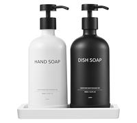 Janxin Dispenser Sapone Bagno Nero, Dispenser Sapone Vetro, 500ml, Dispenser Sapone Bagno, Accessori Cucina, Adatto Per Cucina, Doccia, Con Vassoio (Bottiglia bianca e nera + testa nera)