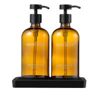 Janxin Dispenser Sapone Bagno Vetro, 500ml Dispenser Di Sapone In Vetro Con Vassoio, Dispenser Di Sapone Per Bagno e Doccia, Adatto Per Cucina, Doccia(Bottiglia marrone + testa nera)