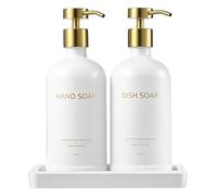 Janxin Dispenser Shampoo e Bagnoschiuma, Dispenser Sapone Vetro, Dispenser Sapone Cucina, Decorazione Per Bagno e Cucina - Capacità 500 Ml, Con Vassoio(Bottiglia bianca + testa dorata)