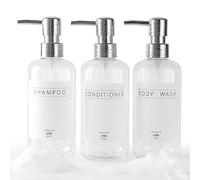 Janxin Set di 3 dispenser per shampoo e balsamo, moderni, ricaricabili, 473,6 g, per shampoo e balsamo, con pompa, elegante dispenser di sapone da doccia con etichette impermeabili per bagno
