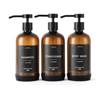 Janxin, set di 3 dispenser per shampoo e balsamo, ricaricabili, 595,3 g, con cuscinetto protettivo in silicone antiscivolo, dispenser con etichette impermeabili per bagno (lingua inglese), ambra