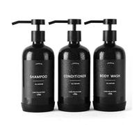 Janxin Set di 3 dispenser per shampoo e balsamo, ricaricabili, 595,3 g, con cuscinetto protettivo in silicone antiscivolo, dispenser con etichette impermeabili per bagno (lingua inglese), nero