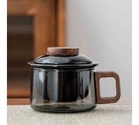 JanYoo Tazza da tè in vetro con coperchio in ceramica e colino, 200 ml, in legno di noce, tazza da tè in vetro borosilicato (nero)