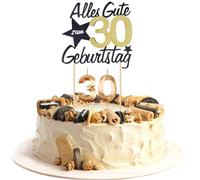 JAONLD Decorazioni Torta Compleanno Cake Topper Glitter Oro Nero con Candela di Compleanno,Happy Birthday Decorazioni Torta Compleanno per la Decorazione Della Torta del 30° Compleanno