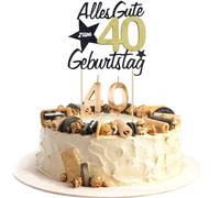 JAONLD Decorazioni Torta Compleanno Cake Topper Glitter Oro Nero con Candela di Compleanno,Happy Birthday Decorazioni Torta Compleanno per la Decorazione Della Torta del 40° Compleanno