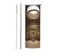 JaoXer Set di due pezzi di cannuccia in acciaio inox con coperchio - 590 ml aMuseum Treasures stampa bottiglia d'acqua isolata, perfetta per sport, ufficio e uso domestico