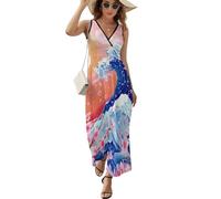 Japan The Great Wave Cherry - Vestito da donna, senza maniche, con scollo a V, maxi abito prendisole, Stile:, L