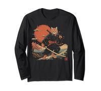 Japanese Art Cat Ninja Ukiyo-e Anime Style Samurai Cat Maglia a Manica