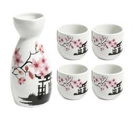 Japanese Ceramic Sake Set - Hand-Painted Cherry Bllossom Pot & 4 Cups | Serve Sake or Tea in Style with This Japanese Ceramic Set Featuring a Hand-Painted Cherry Bllossom Pot and Four Matching Cups