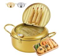 Japanese Deep Fryer Pot, 2.2/3.2/4.2 L Stainless Steel Frying Pot with Thermometer and Oil Drip Drainer Rack, 304 Pot for Home Kitchen, Cooking French Fries Chicken Shrimp Tempura (Gold,28cm/4.2L)