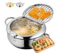 Japanese Deep Fryer Pot, 2.2/3.2/4.2 L Stainless Steel Frying Pot with Thermometer and Oil Drip Drainer Rack, 304 Pot for Home Kitchen, Cooking French Fries Chicken Shrimp Tempura (Silver,24cm/3.2L)