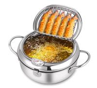 Japanese Deep Fryer Pot, 304 Stainless Steel Frying Pot with Thermometer and Oil Drip Drainer Rack, Japanese Fryer with Lid, for French Fries, Shrimp, Chicken (7.87in)