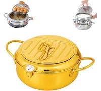 Japanese Deep Fryer Pot, 304 Stainless Steel Tempura Frying Pot with Thermometer, Lid & Oil Drip Rack, Fryer for French Fries, Shrimp, Chicken (Gold,20cm/7.87In)