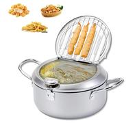 Japanese Deep Fryer Pot, Japanese Style Tempura Frying Pot, 304 Stainless Steel Frying Pot with Thermometer and Oil Drip Drainer Rack, for French Fries, Shrimp, Chicken (Sliver,L)