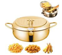 Japanese Deep Fryer Pot, Japanese Style Tempura Frying Pot, 304 Stainless Steel Frying Pot with Thermometer and Oil Drip Drainer Rack, for French Fries, Shrimp, Chicken (Gold,24cm/9.45in)