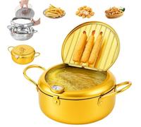 Japanese Deep Fryer Pot, Japanese Style Tempura Frying Pot, 304 Stainless Steel Frying Pots with Thermometer and Oil Drip Drainer Rack for French Fries, Shrimp, Chicken (Gold,24cm/9.45in)