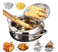 Japanese Deep Fryer Pot, Stainless Steel Frying Pot with Thermometer and Oil Drip Drainer Rack, 304 Tempuras Deep Fryer Pots for Kitchen Cooking with Lid Shrimp, Chicken (Silver,24cm/9.45In)