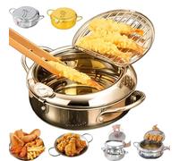 Japanese Deep Fryer Pot, Stainless Steel Frying Pot with Thermometer and Oil Drip Drainer Rack, 304 Tempuras Deep Fryer Pots for Kitchen Cooking with Lid Shrimp, Chicken (Gold,24cm/9.45In)
