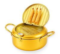 Japanese Deep Fryer Pot, Stainless Steel Frying Pot with Thermometer and Oil Drip Drainer Rack, for Kitchen French Fries, Chicken, for Both Induction and Gas Cookers (Gold,11in)