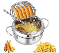 Japanese Deep Fryer Pot, Stainless Steel Frying Pot with Thermometer and Oil Drip Drainer Rack, Japanese Fryer with Lid, for French Fries, Chicken & Shrimp (Sliver,9.44In)