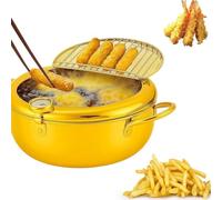 Japanese Deep Fryer Pot, Stainless Steel Frying Pot with Thermometer and Oil Drip Drainer Rack, Japanese Fryer with Lid, for French Fries, Chicken & Shrimp (Yellow,11.02In)
