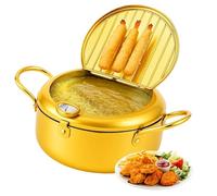 Japanese Deep Fryer Pot, Stainless Steel Frying Pot with Thermometer, Lid & Oil Drip Rack, Fryer for French Fries, Shrimp, Chicken, Non Adhesive Oil Fume (Gold,20cm/7.87in)