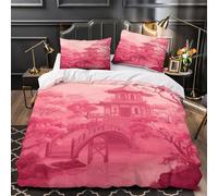 Japanese Garden Set Di Copripiumino 3 Pezzi stampa 3D microfibra ultra morbido con cerniera traditional Architecture Set Di Copripiumino con federa per cuscini soffice for coppie Single（140x200cm）