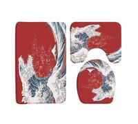 Japanese Great Waves Blue Vintage Japanese Great Wave Ocean Boat Retro Red Set Di Tappetini Da Bagno 3 Pezzi, Tappetino Contorno Wc Lavabile Tappetino Da Bagno Per Servizi Igienici Doccia
