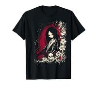 Japanese Horror Girl in Kimono with Skull and Flowers Maglietta