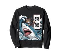 Japanese Ninja Samurai Cat Riding Shark Retro Distressed Felpa