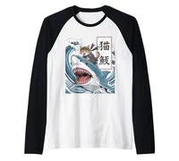 Japanese Ninja Samurai Cat Riding Shark Retro Distressed Maglia con Maniche Raglan