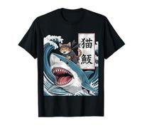 Japanese Ninja Samurai Cat Riding Shark Retro Distressed Maglietta