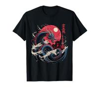 Japanese Rising Dragon Great Wave Kanagawa Kanji Dragon Maglietta