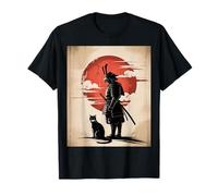 Japanese Samurai And Cat Vintage Rising Sun Art Maglietta