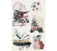 Japanese Watercolour Icons Eki Stamp Collecting Notebook 6x9 100 Blank Pages With A Small Section To Add Details Pad For Scrapbooking or Illustration