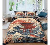 Japanese WaveSet Di Copripiumino microfibra 3 Pezzi stampa di 3D cerniera nascosta Traditional Ukiyo-E copripiumino incluso federe aiosa ultra morbido e traspirante for bambini King（220x240cm）