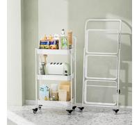 JAQ Carrello pieghevole a 3 ripiani, in metallo, con maniglia su ruote, per snack, libri, frutta, per cucina, soggiorno, dispensa, bagno (bianco, 3 strati)