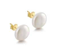 JaruJaru Orecchini da donna con perle barocche a forma di bottone, perle d'acqua dolce a forma di moneta/disco da 10-15 mm, raccolte a mano, ipoallergeniche, in argento Sterling 925, con retro piatto