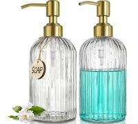 JASAI Confezione da 2 dispenser di sapone in vetro scanalato con pompa antiruggine dorata, dispenser di sapone da cucina ricaricabile con striscia verticale, dispenser di sapone da bagno per erogare