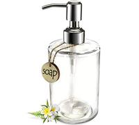 JASAI, Dispenser di sapone cilindrico in vetro, 0,5 l, con erogatore a pompa in acciaio inox antiruggine, per cucina e bagno, per sapone per le mani, detersivo per piatti, saponi liquidi (trasparente)