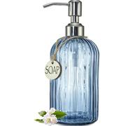 JASAI Dispenser di sapone in vetro blu navy da 510,3 g, per cucina e bagno, dispenser di sapone da cucina ricaricabile con striscia verticale, dispenser di sapone da bagno per erogare sapone per le