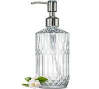 JASAI Dispenser di sapone in vetro trasparente goffrato da 510,3 g, con pompa antiruggine, dispenser di sapone ricaricabile per piatti, per cucina, dispenser di sapone da bagno di alta qualità per