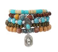 Jascatin 5 braccialetti elasticizzati in legno turchese con perline in stile bohémien, impilabili, per donne e uomini, Misura unica, Metallo, Nessuna pietra preziosa
