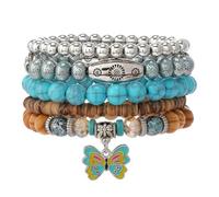 Jascatin 5 braccialetti elasticizzati in legno turchese con perline in stile bohémien, impilabili, per donne e uomini, Misura unica, Metallo, Nessuna pietra preziosa