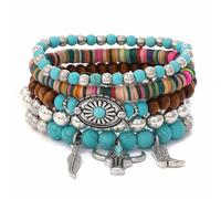 Jascatin 5 braccialetti elasticizzati in legno turchese con perline in stile bohémien, impilabili, per donne e uomini, Misura unica, Metallo, Nessuna pietra preziosa